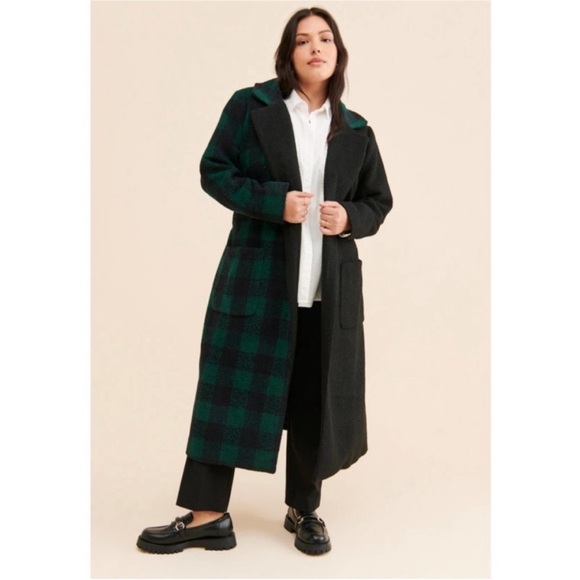 Anthropologie Hutch Half Plaid Green And Black Belted Coat Size 1X - Picture 1 of 4